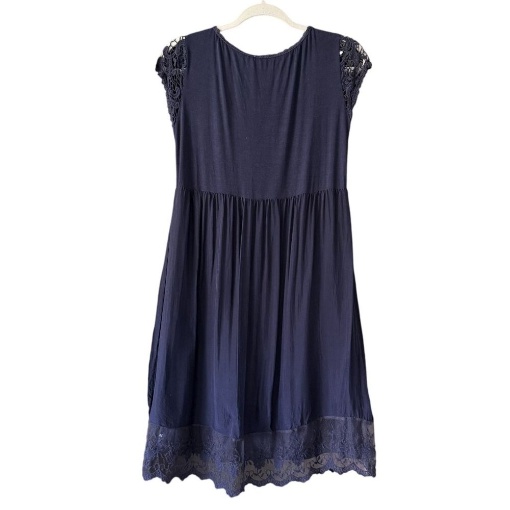 Piazzo Roma Navy Blue Lace Detail Silk Dress S Crocheted Detail Italy Romantic - Picture 4 of 7
